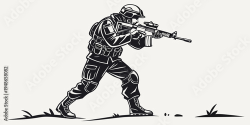 soldier in combat stance with rifle Vector