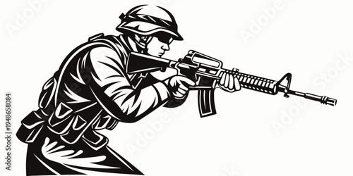 soldier in combat stance with rifle Vector