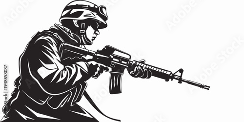 a soldier in a helmet aiming a rifle Vector