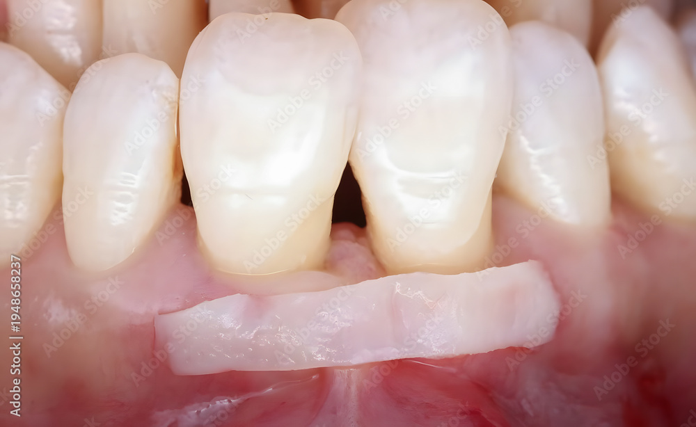 Fototapeta premium Soft tissue graft for jawbone resorption and gum recession in dentistry. Periodontal treatment involving dental grafts and gingival transplantation. dental treatment gum and implant