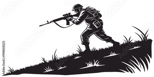 soldier in a crouched position aiming a rifle Vector