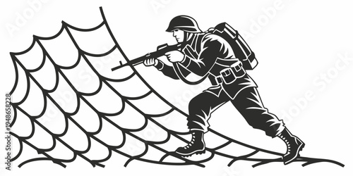 soldier crawling under a barbed wire obstacle Vector