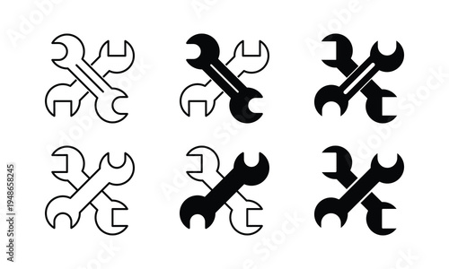 Crossed Wrenches Six Jaw Stroke Variants Outline Semi Filled Solid Black