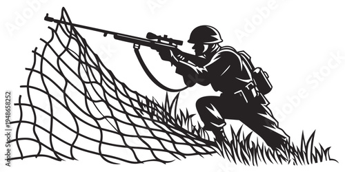 soldier in a crouching position with a rifle behind a net Vector