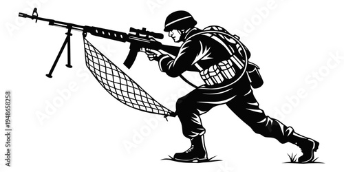 soldier aiming a large rifle with a net attached Vector
