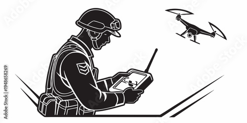 man in military gear operates a drone Vector