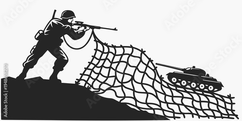 soldier pulling camouflage net with a tank Vector