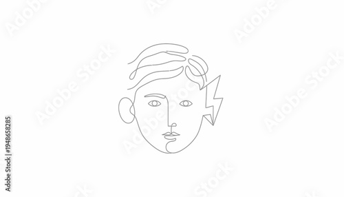 Abstract continuous line drawing of a person with a lightning bolt symbol indicating stress or a headache.