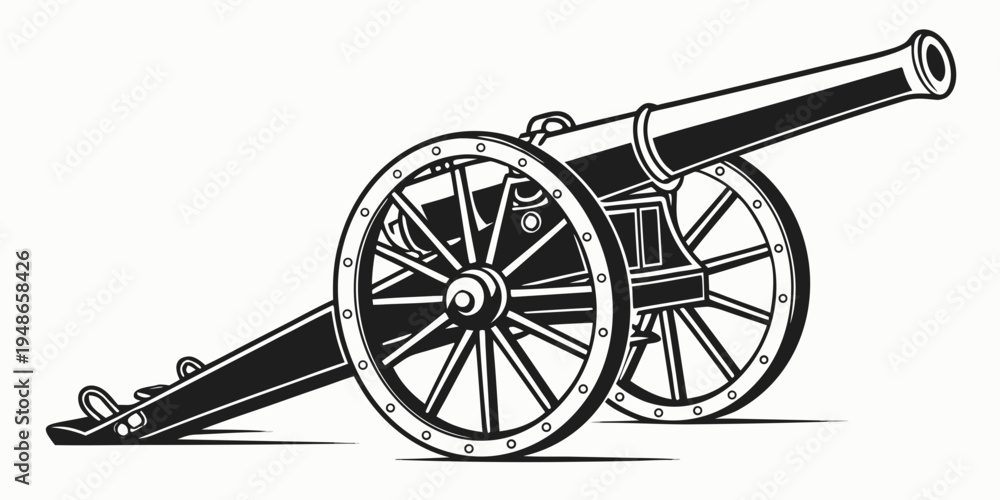 Fototapeta premium a black and white drawing of a cannon on wheels Vector