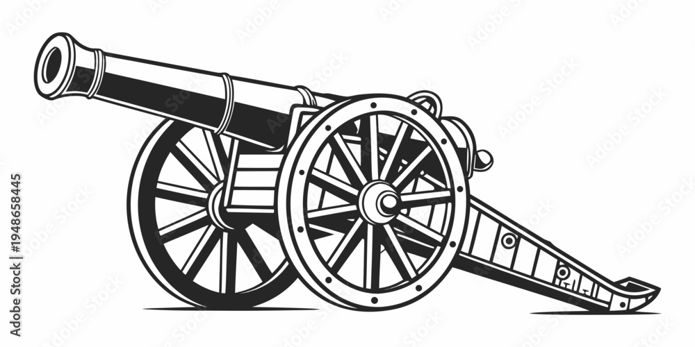 Fototapeta premium a black and white drawing of a cannon on wheels Vector