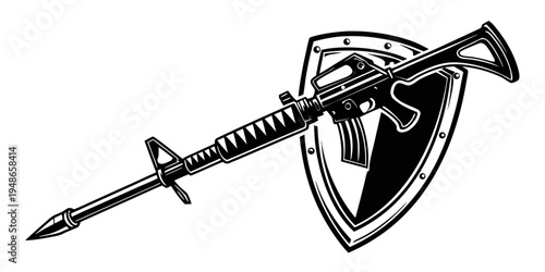 a black and white image of a rifle and shield with a gun Vector