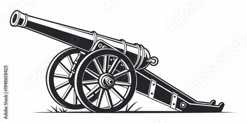 a black and white drawing of a cannon on wheels Vector