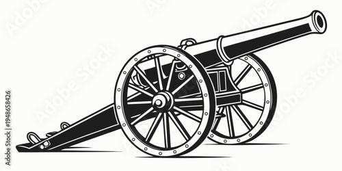 a black and white drawing of a cannon on wheels Vector