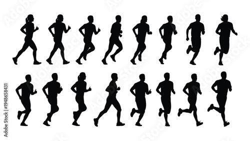 Collection of black silhouette runners in various poses on white background for fitness and sports illustrations