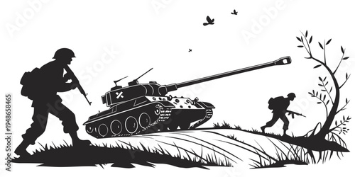 soldiers and tank on a battlefield Vector