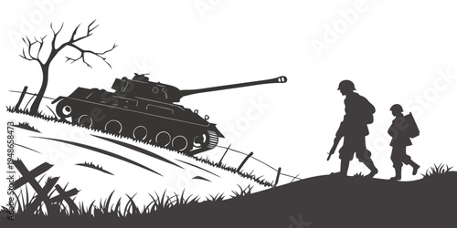 soldiers walking on a hill with a tank Vector