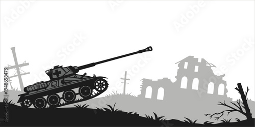 a tank is driving through a war torn graveyard Vector
