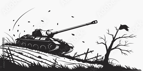 a black silhouette of a tank on a hill Vector