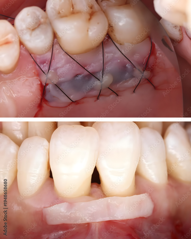 Obraz premium Soft tissue graft for jawbone resorption and gum recession in dentistry. Periodontal treatment involving dental grafts and gingival transplantation. dental treatment gum and implant