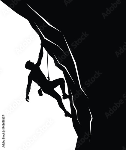 Dynamic Rock Climber Silhouette Against Cliff Face   Action Sports Stock Image