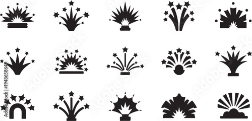 Collection of black firework explosion icons on white background