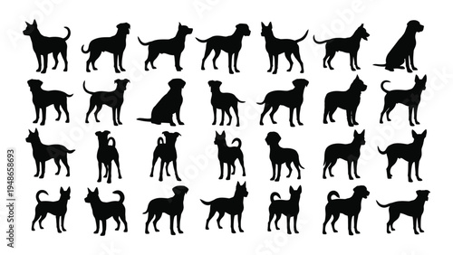 Collection of diverse dog breeds in silhouette form showcasing various shapes sizes and postures