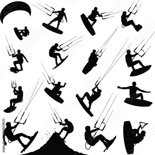 Paragliding Takeoff and Landing Sequence Silhouette Illustrations Vector Art