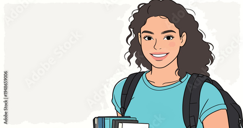 Student with books and a backpack smiles while preparing for school in a classroom setting