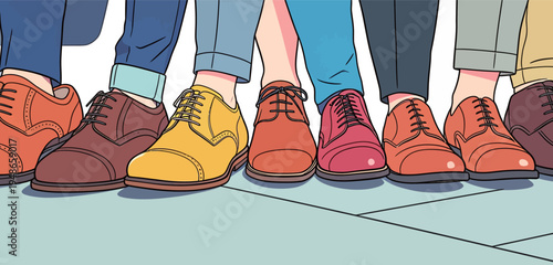 Different shoes line up on a sidewalk during a sunny day in a busy city street setting