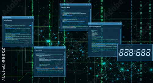 A dark digital background featuring glowing green binary code, data windows, and a timer, representing hacking, coding, or system monitoring.
