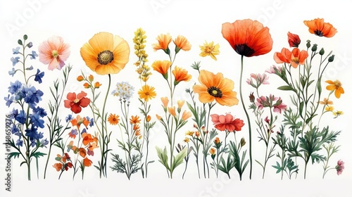 delicate row of watercolor wildflowers: tall orange poppies, yellow daisies, blue spiked blooms and mixed meadow blossoms with green stems and leaves on white background evoking calm joy
