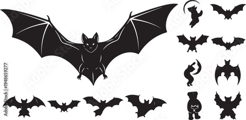 Collection of black bat silhouettes on white background