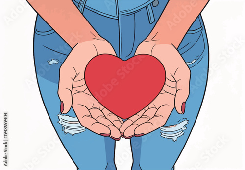 Holding a red heart with hands while wearing ripped jeans in a simple setting