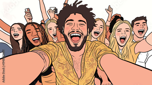 Group of friends cheering and having fun in a colorful setting at a party