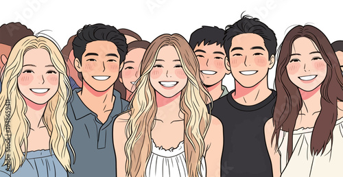 Group of young people smiling together in a cheerful scene during a summer gathering in a park