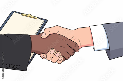 Business partners shake hands to confirm agreement in office setting