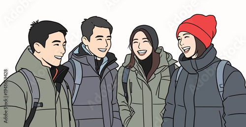 Group of friends enjoying a cheerful moment together in winter outfits while exploring the outdoors