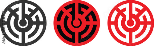 Abstract circular maze logo icon set featuring labyrinth target style geometric symbol for branding technology gaming and navigation design