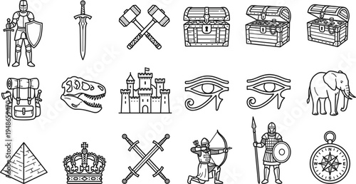 Ancient history and adventure line icon set featuring knight swords castle treasure chest pyramid crown compass and warrior symbols
