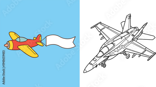 Airplane illustration set featuring cartoon banner plane and detailed fighter jet aircraft symbols for aviation transport travel design