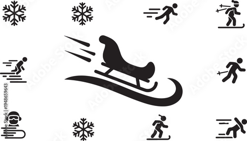 Winter Sports Silhouette Icons with Snowflakes and Sled Rider