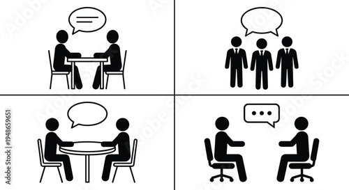 Business communication and discussion icon set showing meeting conversation teamwork brainstorming dialogue and office interview symbols for corporate collaboration