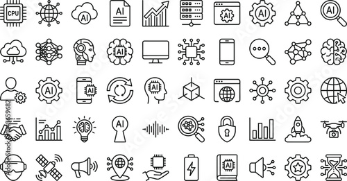 Artificial intelligence and technology line icon set featuring AI chip robot data analysis automation neural network and innovation symbols