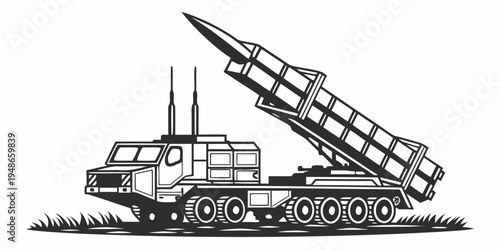 a large military truck with a rocket on its launcher Vector