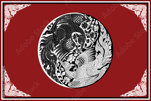 Swan Thai painting Yin Yang black & white damask on red background for wallpaper, carpet, textile, tile, cloth and fabric design isolated illustration vector.