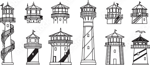 Illustrations of various lighthouse designs and architectural styles Vector