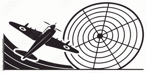 vintage airplane flying in front of a radar dish Vector