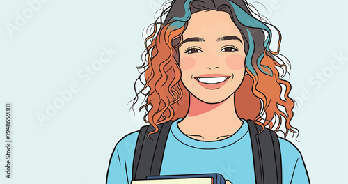 Young person with curly hair smiles while holding a book in a light background