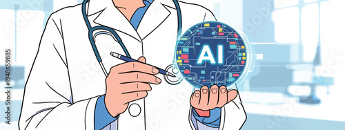 Doctor shows artificial intelligence concept in medical setting with modern tools
