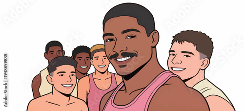 Group of young men smiling and posing in casual outfits at a gathering after workout